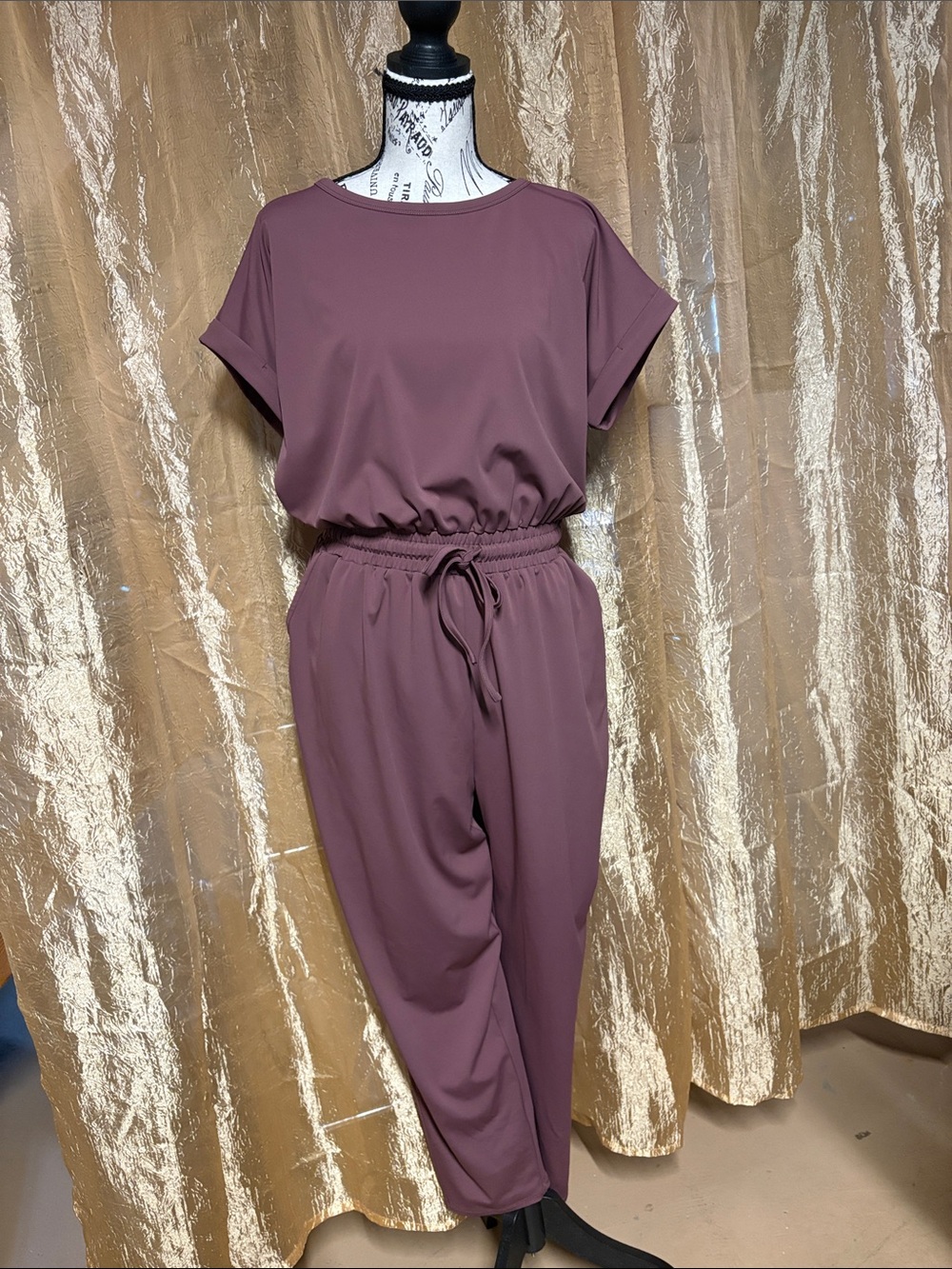 Maurices Dusty Mauve Short-Sleeve Drawstring Jumpsuit